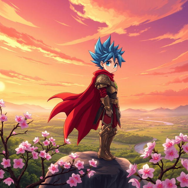 A vibrant anime scene featuring a dynamic character design of a hero with spiky blue hair and a flowing red cape, standing bravely on a cliff overlooking a lush, green valley