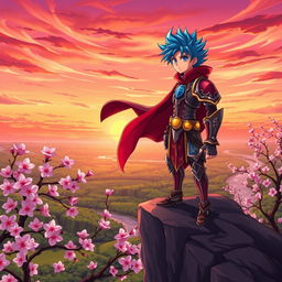 A vibrant anime scene featuring a dynamic character design of a hero with spiky blue hair and a flowing red cape, standing bravely on a cliff overlooking a lush, green valley