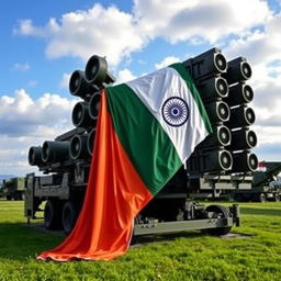 An impressive S-400 missile defense system positioned prominently in a military landscape, adorned with the Indian flag draped gracefully over its structure
