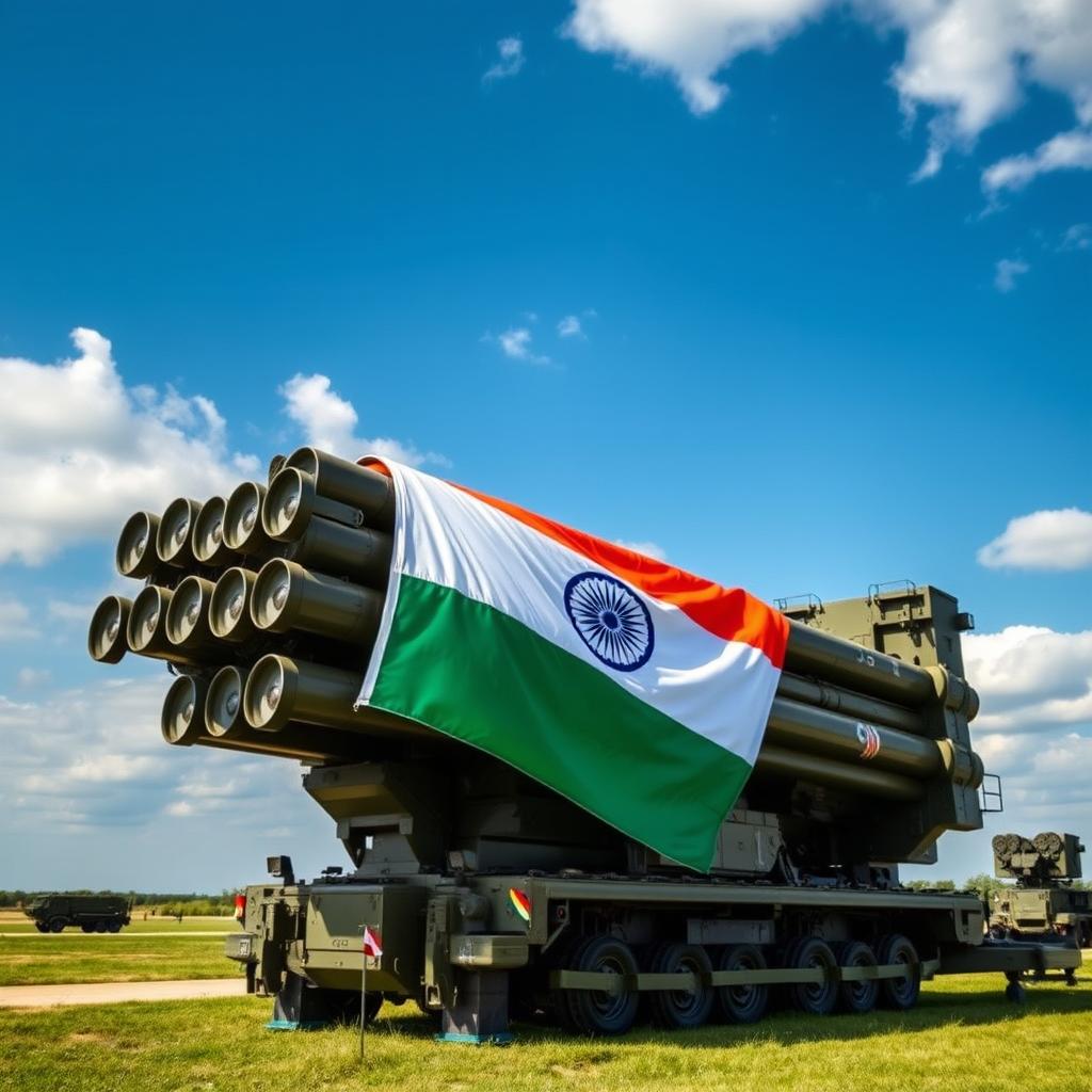 An impressive S-400 missile defense system positioned prominently in a military landscape, adorned with the Indian flag draped gracefully over its structure