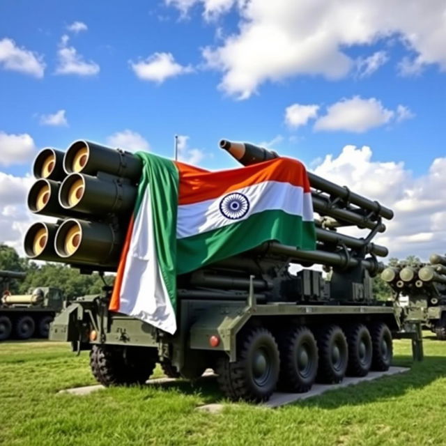 An impressive S-400 missile defense system positioned prominently in a military landscape, adorned with the Indian flag draped gracefully over its structure