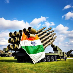 An impressive S-400 missile defense system positioned prominently in a military landscape, adorned with the Indian flag draped gracefully over its structure
