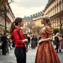 A charming scene in a Parisian square featuring two women in their 20s gazing intently at each other