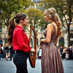 A charming scene in a Parisian square featuring two women in their 20s gazing intently at each other