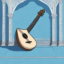 This is a high-quality cartoon-style illustration of an old medieval lute, resting on a blank blue floor