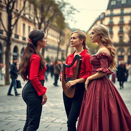 A charming scene in a Parisian square featuring two women in their 20s gazing intently at each other