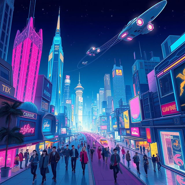 A highly detailed and vibrant illustration of a futuristic cityscape at night, with glowing neon lights illuminating the streets