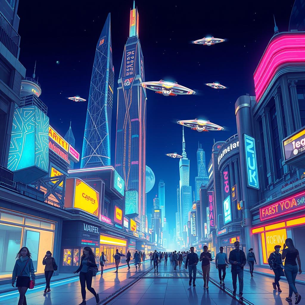 A highly detailed and vibrant illustration of a futuristic cityscape at night, with glowing neon lights illuminating the streets