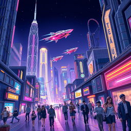 A highly detailed and vibrant illustration of a futuristic cityscape at night, with glowing neon lights illuminating the streets