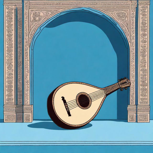 This is a high-quality cartoon-style illustration of an old medieval lute, resting on a blank blue floor