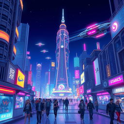 A highly detailed and vibrant illustration of a futuristic cityscape at night, with glowing neon lights illuminating the streets