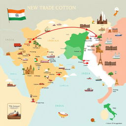 An illustrated map showing the new cotton trade route between India and Italy, emphasizing its strategic importance in countering China's Silk Route