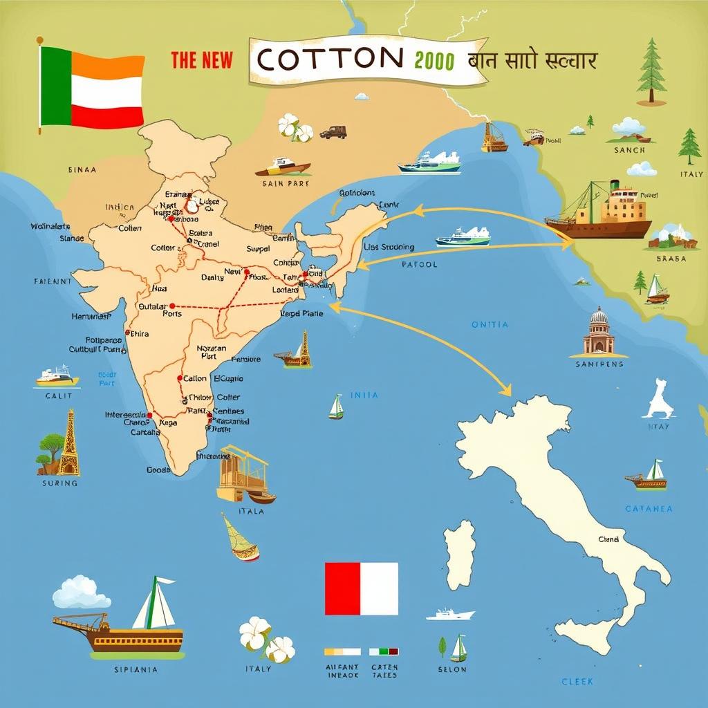 An illustrated map showing the new cotton trade route between India and Italy, emphasizing its strategic importance in countering China's Silk Route