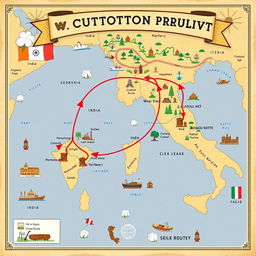 An illustrated map showing the new cotton trade route between India and Italy, emphasizing its strategic importance in countering China's Silk Route
