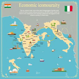 An illustrated map showing the new cotton trade route between India and Italy, emphasizing its strategic importance in countering China's Silk Route