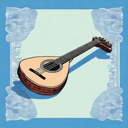 This is a high-quality cartoon-style illustration of an old medieval lute, resting on a blank blue floor