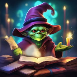 A high-quality digital art showcasing a Dungeon Master Goblin adorned with a wizard hat