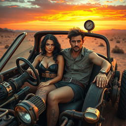 A couple sitting in a steampunk-inspired 'Mad Max' style car, showcasing a post-apocalyptic aesthetic with intricate mechanical details and vintage elements