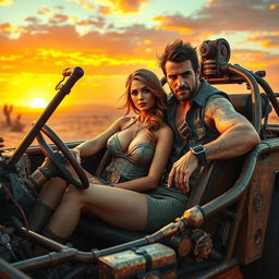 A couple sitting in a steampunk-inspired 'Mad Max' style car, showcasing a post-apocalyptic aesthetic with intricate mechanical details and vintage elements