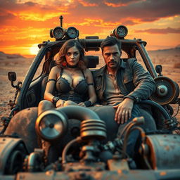 A couple sitting in a steampunk-inspired 'Mad Max' style car, showcasing a post-apocalyptic aesthetic with intricate mechanical details and vintage elements