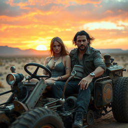 A couple sitting in a steampunk-inspired 'Mad Max' style car, showcasing a post-apocalyptic aesthetic with intricate mechanical details and vintage elements