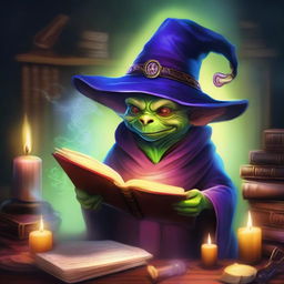 A high-quality digital art showcasing a Dungeon Master Goblin adorned with a wizard hat