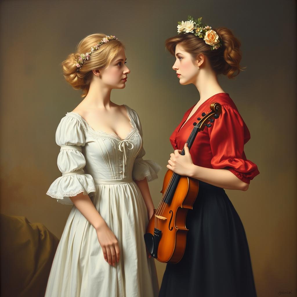 An oil painting in the 19th-century style depicting two women in their 20s gazing intently at each other
