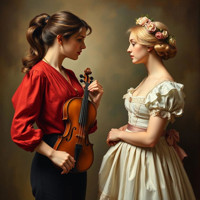 An oil painting in the 19th-century style depicting two women in their 20s gazing intently at each other