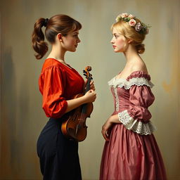 An oil painting in the 19th-century style depicting two women in their 20s gazing intently at each other