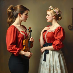 An oil painting in the 19th-century style depicting two women in their 20s gazing intently at each other