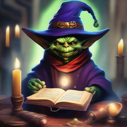 A high-quality digital art showcasing a Dungeon Master Goblin adorned with a wizard hat