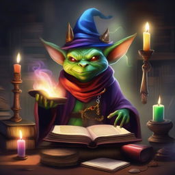 A high-quality digital art showcasing a Dungeon Master Goblin adorned with a wizard hat