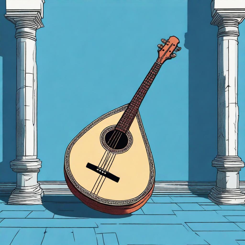 This is a high-quality comic-style illustration of an old medieval lute, resting on a blank blue floor