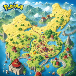 A detailed and vibrant map of a fictional Pokemon region inspired by China, showcasing diverse landscapes including lush rice terraces, mountainous regions, bustling cities, ancient temples, and bamboo forests