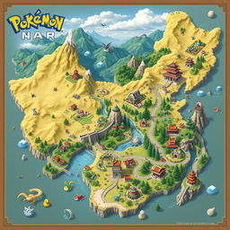 A detailed and vibrant map of a fictional Pokemon region inspired by China, showcasing diverse landscapes including lush rice terraces, mountainous regions, bustling cities, ancient temples, and bamboo forests