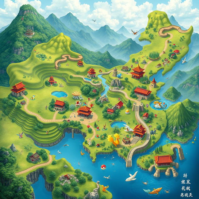 A detailed and vibrant map of a fictional Pokemon region inspired by China, showcasing diverse landscapes including lush rice terraces, mountainous regions, bustling cities, ancient temples, and bamboo forests
