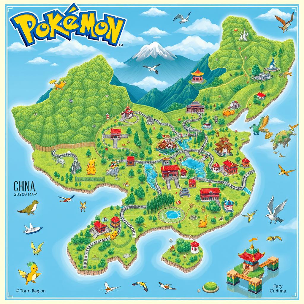 A detailed and vibrant map of a fictional Pokemon region inspired by China, showcasing diverse landscapes including lush rice terraces, mountainous regions, bustling cities, ancient temples, and bamboo forests
