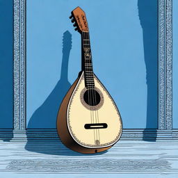 This is a high-quality comic-style illustration of an old medieval lute, resting on a blank blue floor