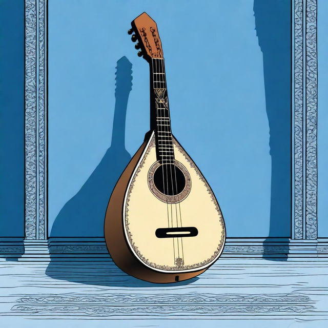 This is a high-quality comic-style illustration of an old medieval lute, resting on a blank blue floor