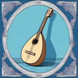 This is a high-quality comic-style illustration of an old medieval lute, resting on a blank blue floor