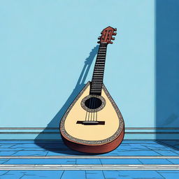 This is a high-quality comic-style illustration of an old medieval lute, resting on a blank blue floor