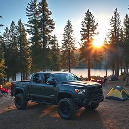 A widebody pickup truck parked at a scenic campsite surrounded by towering pine trees and a clear blue sky