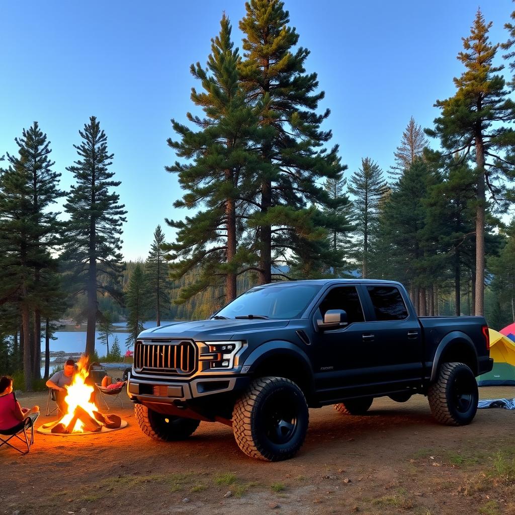 A widebody pickup truck parked at a scenic campsite surrounded by towering pine trees and a clear blue sky