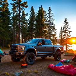 A widebody pickup truck parked at a scenic campsite surrounded by towering pine trees and a clear blue sky
