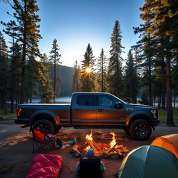 A widebody pickup truck parked at a scenic campsite surrounded by towering pine trees and a clear blue sky