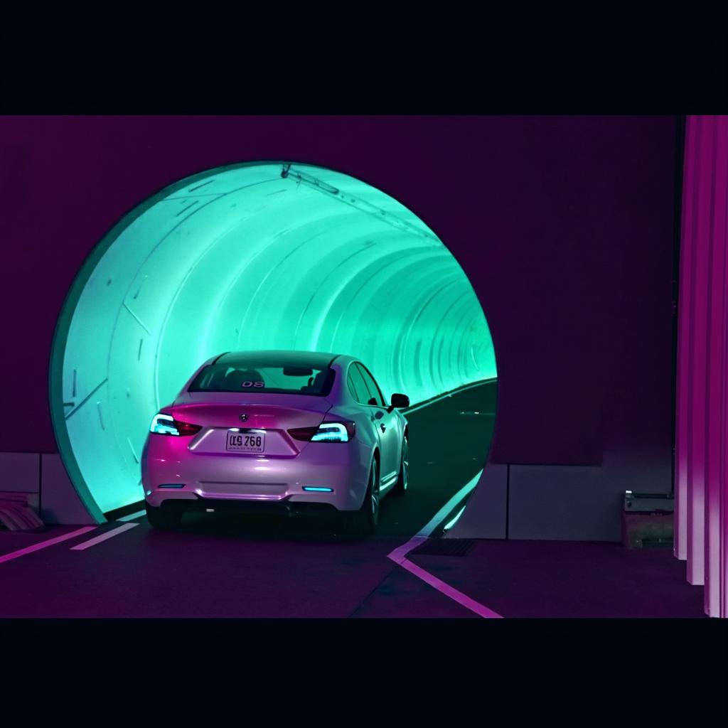 A futuristic electric car emerging from a brightly lit, circular tunnel with vibrant teal and purple ambient lighting, showcasing a sleek, modern design