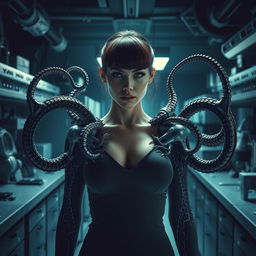 In a haunting research lab filled with high-tech equipment and dim lighting, a woman stands at the center of the scene