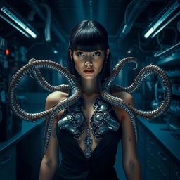 In a haunting research lab filled with high-tech equipment and dim lighting, a woman stands at the center of the scene