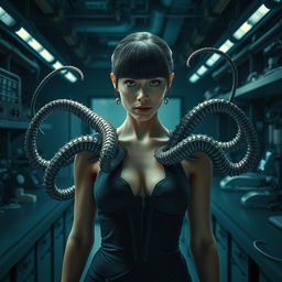 In a haunting research lab filled with high-tech equipment and dim lighting, a woman stands at the center of the scene