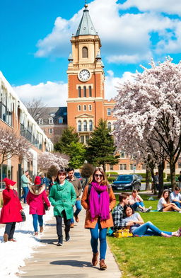 A vibrant university campus scene showcasing a contrast of winter and summer vibes